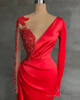 Long Red Satin Evening Dresses, Sheer Neckline Long Sleeve Beaded African High Slit Women Formal Prom Dress